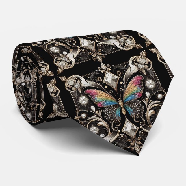 Corbata Arte Retro Deco Mariposa Arcoíris Nouveau (Enrollado)