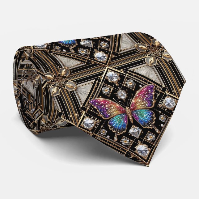 Corbata Arte Retro Deco Mariposa Arcoíris Nouveau (Enrollado)