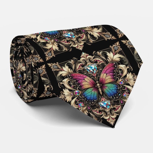 Corbata Arte Retro Deco Mariposa Arcoíris Nouveau (Enrollado)