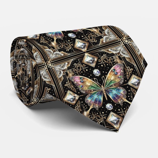 Corbata Arte Retro Deco Mariposa Arcoíris Nouveau (Enrollado)