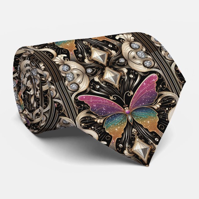 Corbata Arte Retro Deco Mariposa Arcoíris Nouveau (Enrollado)