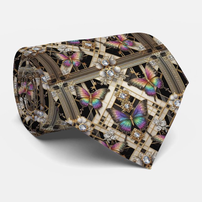 Corbata Arte Retro Deco Mariposa Arcoíris Nouveau (Enrollado)