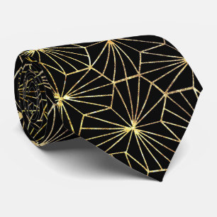 Corbata Arte Retro Deco Patrón Geométrico Negro Dorado