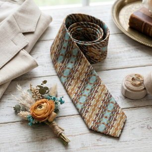 Corbata Arte Tribal Única Aqua Turquesa Naranja Marrón
