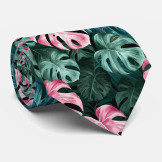 Corbata Ataque asombroso con hojas tropicales en verde y r