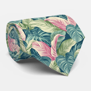 Corbata Ataque asombroso con hojas tropicales en verde y r