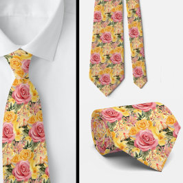 Corbata Ataque de cuello floral amarillo y rosado de veran