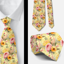 Corbata Ataque de cuello floral amarillo y rosado de veran