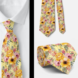 Corbata Ataque de cuello floral amarillo y rosado de veran