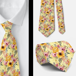 Corbata Ataque de cuello floral amarillo y rosado de veran