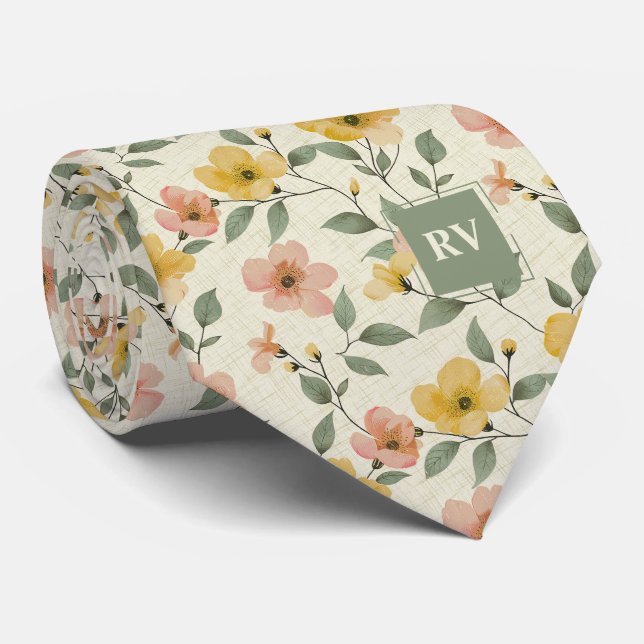 Corbata Ataque de cuello floral verde y rosa (Enrollado)