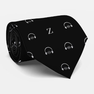 Corbata Auriculares Música Monograma Inicial Blanco y negr
