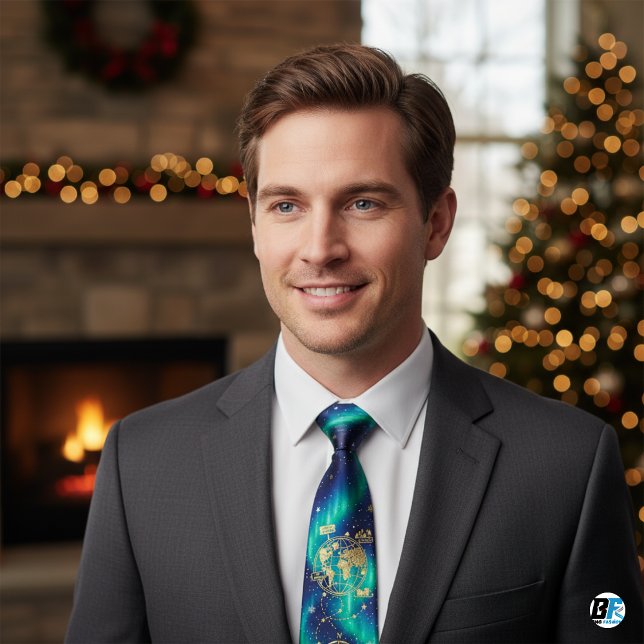 Corbata Aurora Borealis Christmas Map, Gold North Pole  (Christmas Neck Tie)