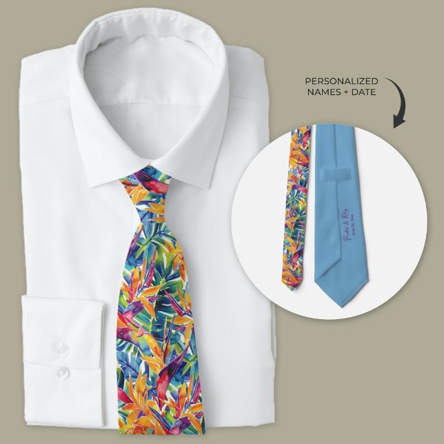 Corbata Ave acuarela tropical hawaiana de paraíso (Personalized Hawaiian birds of paradise floral wedding neckties for groomsmen)