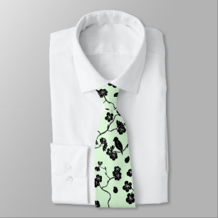 Corbata Aves con flores de cerezo negro en verde menta