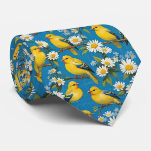 Corbata Aves De Goldfinch Amarillas En Ramas Y Daisies Bla
