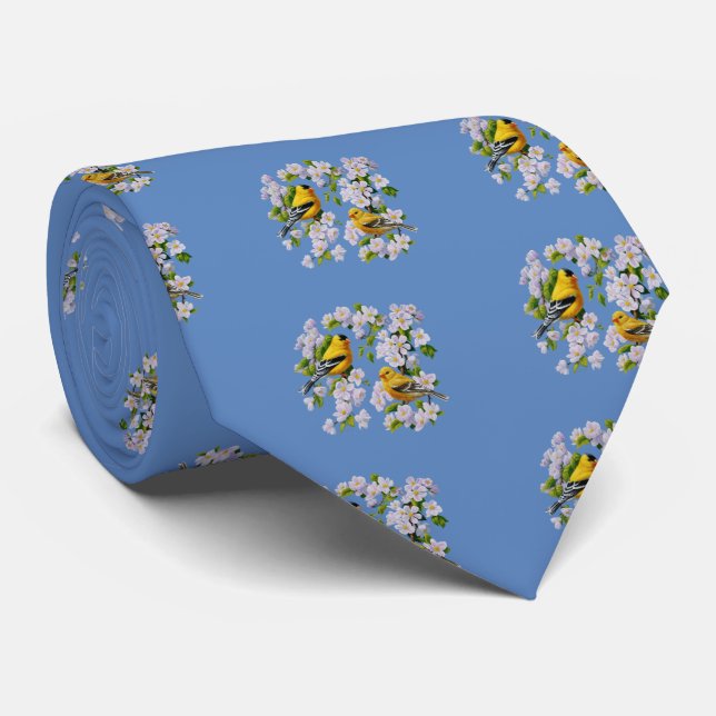 Corbata Aves de Goldfinch y flores azules (Enrollado)