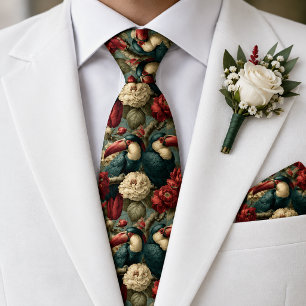 Corbata Aves exóticas Tucán Vintage Sage y Carmesí