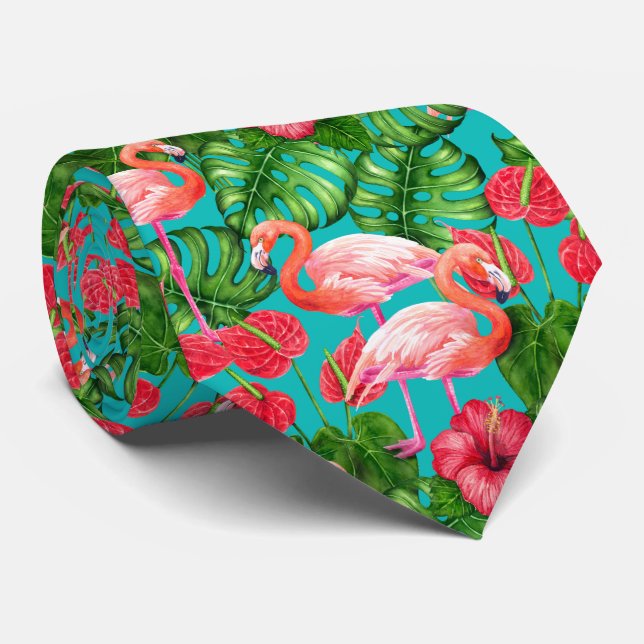 Corbata Aves flamencas y acuarela de jardines tropicales (Enrollado)