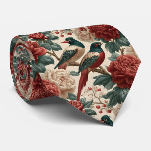 Corbata Aves y flores de peonía rojas Vintage Chinoiserie