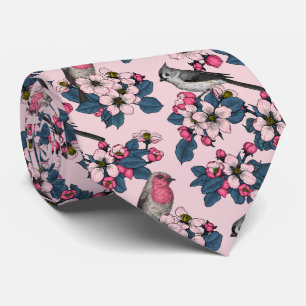 Corbata Aves y flores en rosa