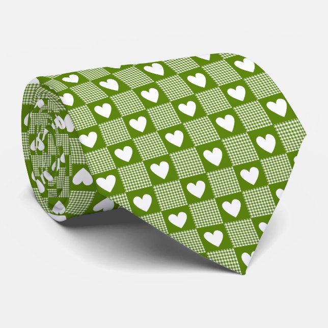 Corbata Avocado Green Gingham Heart Patch Plaid Neck Tie (Enrollado)