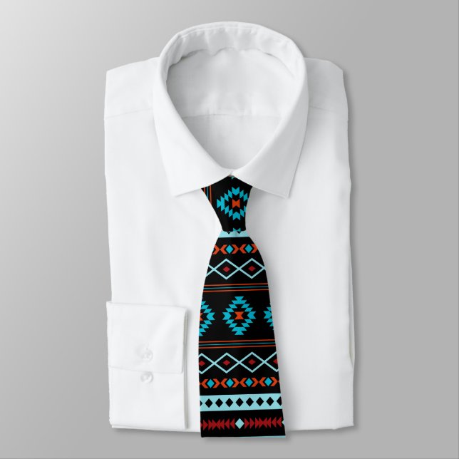 Corbata Aztec Blues Reds Black Mixed Motifs Rpt Pattern (Atado)