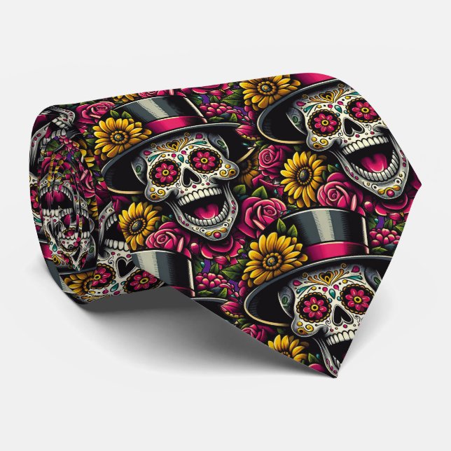 Corbata Azúcar Skull Art - Top hat y Sunflower Calavera (Enrollado)