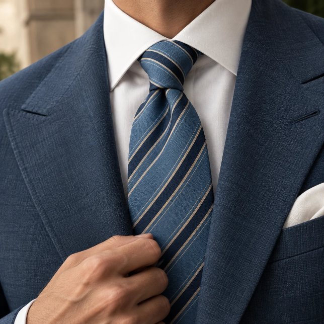 Corbata Azul acero polvoriento Navy Tan Raya diagonal (Subido por el creador)