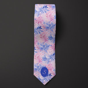 Corbata Azul Aciano y Floral Malva
