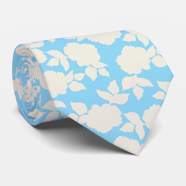 Corbata Azul bebé chic y patrón floral blanco (Enrollado)