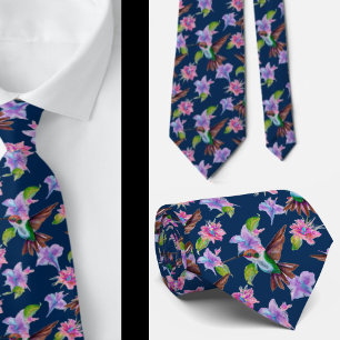 Corbata Azul Floral Acuarela Colibrí Flores