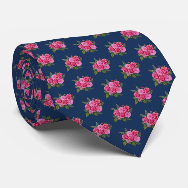 Corbata azul marino con rosas y dalias (Enrollado)