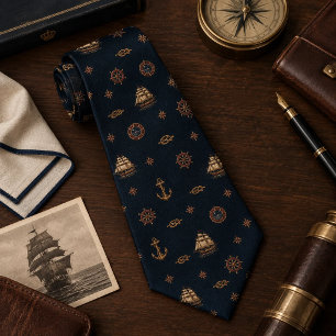 Corbata azul marino con rueda de barco alto de din