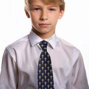 Corbata azul marino de comunión con patrón de cruz