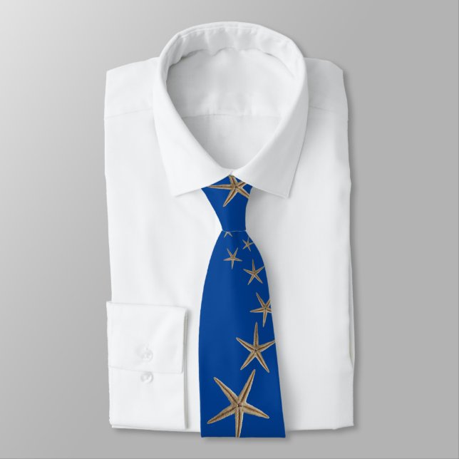 Corbata azul marino de estrellas de mar que caen (Atado)
