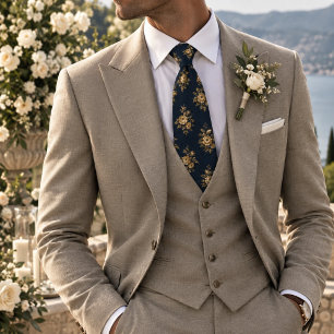 Corbata Azul Marino Dorado Botánico Floral Invernal Jacqua