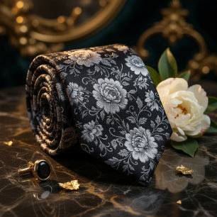 Corbata Azul Marino Dorado Floral Damask de Lujo