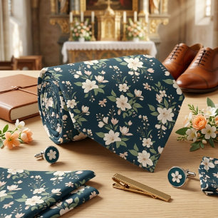 Corbata Azul Marino Floral Flor Blanca