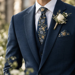 Corbata Azul Marino Marfil Floral Central Herencia