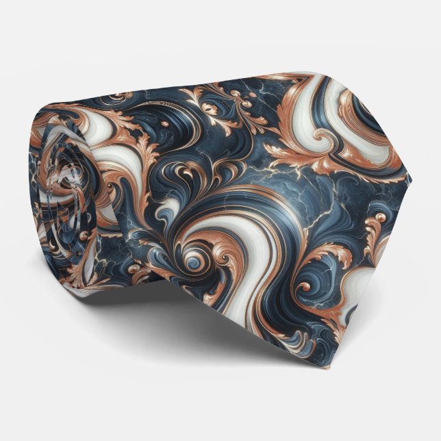 Corbata Azul Marino Profesional, Blanco y Mármol de Cobre (Enrollado)