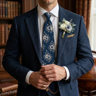 Corbata Azul Marino y Floral Botánico Vintage Marfil