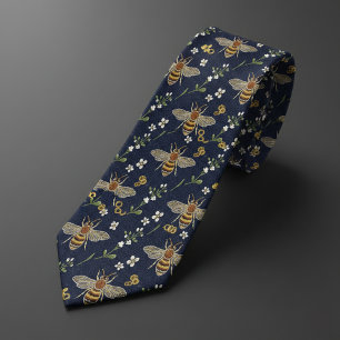 Corbata Azul Marino y Miel de Abeja Dorada Floral