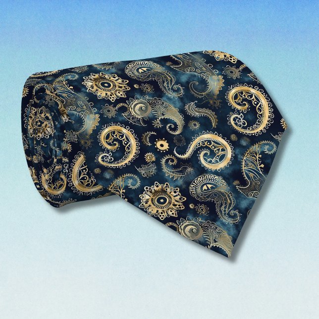 Corbata Azul Oro Engranajes Steampunk Paisley Elegante (Subido por el creador)