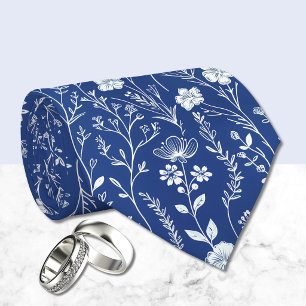 Corbata Azul oscuro y blanco Chinoiserie Floral 