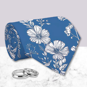 Corbata Azul oscuro y blanco Chinoiserie Floral 