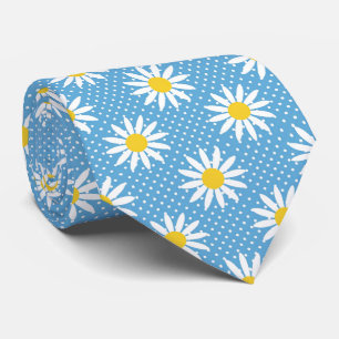 Corbata Azul Polvo Alegre Flor de Margarita Lunares Retro 