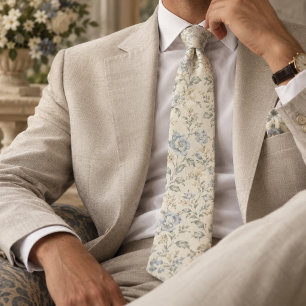 Corbata Azul Polvoriento Floral Vintage Marfil