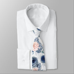 Corbata Azul polvoriento y floral elegante botánico rosa r