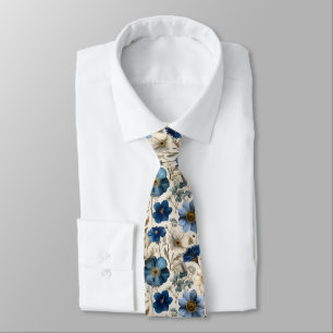 Corbata Azul Primaveral y Floral de Crema